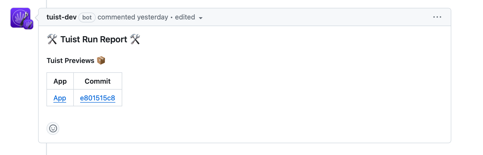 GitHub app comment with a Tuist Preview link