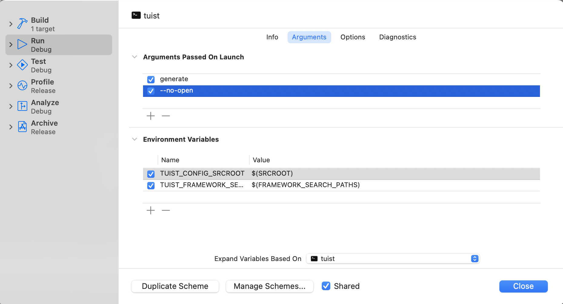 An example of a scheme configuration to run the generate command with Tuist