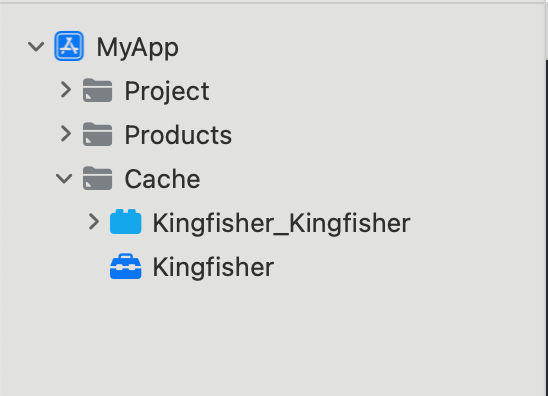 An screenshot of a project group structure where you can see XCFrameworks in a cache group